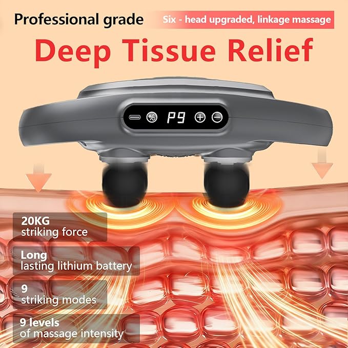 6 Head Massage Gun for Deep Tissue - 9Levels &amp 9Modes Electric Massagers.This Powerful Massage Tools Provide Effective Pain Relief to the BackLegsWaist.It's an Ideal Gift for Family and Friends.