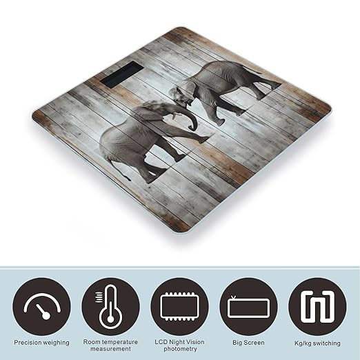 Elephant on Wood Scale for Body Weight Precision Bathroom Weighing Scales with Back Lit LCD Display Sturdy Tempered Glass Body Weight Scales Digital Bathroom Scale 400lb
