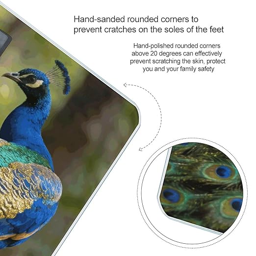 Colorful Peacock on A Tree Branch Weight ScaleClear LED Display Bathroom Digital Weighing ScaleTempered Glass Digital Bathroom Scale for Body Weight Capacity Up to 400 Lbs