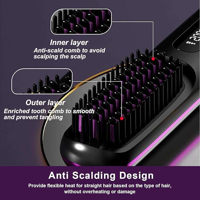 Go Brush Pro 2025 NewCordless Hair Straightener BrushPortable Straightener Comb Straightening Comb Rechargeable Go Travel Hot Combs Mini with Temperature Display for Women(Black)