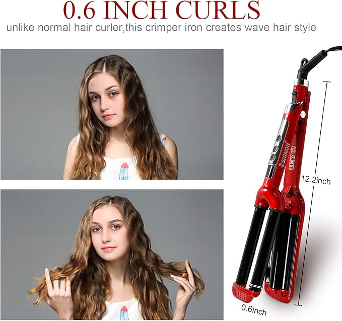 Mannice Ceramic Hair Iron 3 Barrel Curling Iron 0.6 inch / 16mm Perm Instant Curls Hair Crimper and Wavers Red (8 inches) Ideal Gift for Valentine's Day or Mother's Day