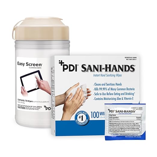 Bundle of Sani-Hands Instant Hand Sanitizer Wipes 100 Packets/Box + Easy Screen Cleaning Wipes for Touchscreens Electronics Phones Tablets Monitors TV Screens 70 Wipes/Canister
