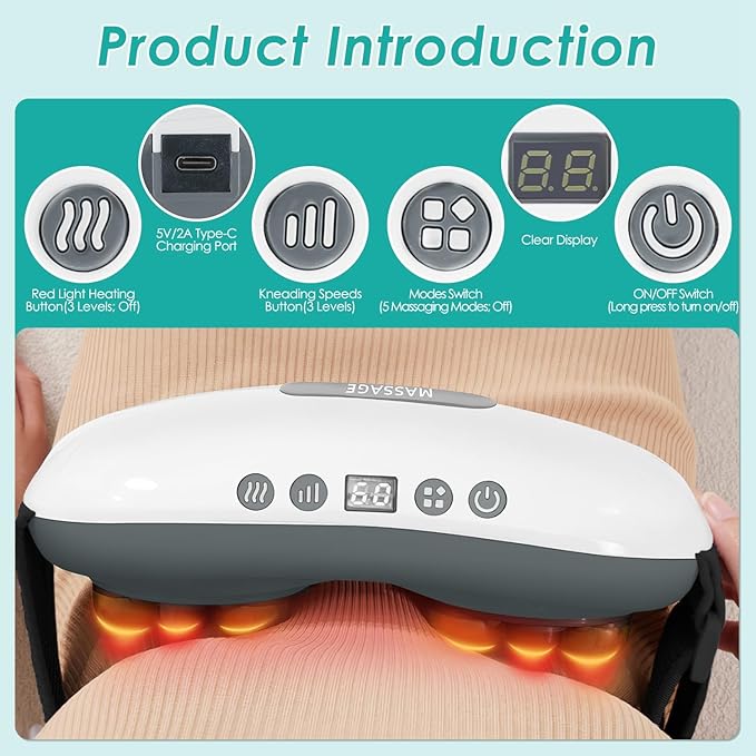 Stone Abdominal Massager - Dual Rotating Heads with 6 Red Lights 5 Modes 3 Speeds 3 Heat Settings 2500mAh Rechargeable Adjustable Belt for Menstrual/Bloating Relief