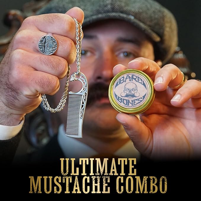 Mustache Wax Medium Hold Bare Bones 1 oz Tin &amp Necklace Death Grip Mustache Comb Mens Combo Kit - Grooming For Men Handlebar Moustache