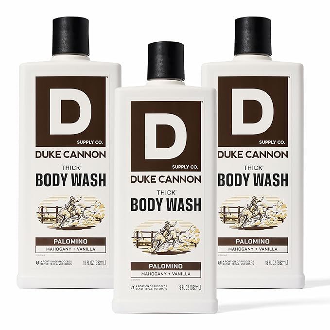 Duke Cannon Supply Co. Thick High Viscosity Body Wash – 3X Thicker Cleansing Shower and Bath Gel Mineral-Enriched for Men – Shower Gel – Men’s Body Scrub – Palomino 3 pack –18 oz
