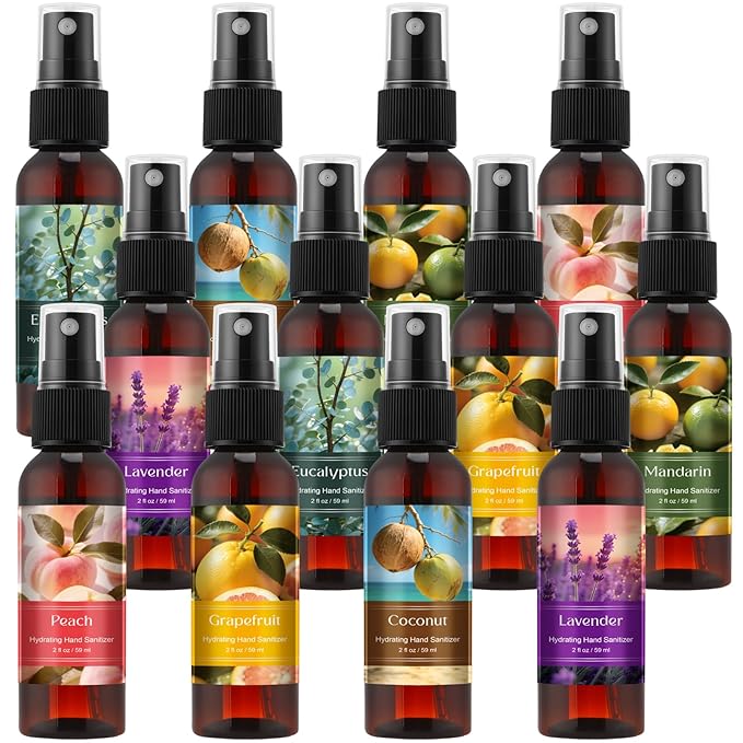 12 Pcs Hydrating Hand Sanitizer Spray with Essential Oil Scented Hand Sanitizer Spray Travel Size 2 Fl oz Brown Pocket Bottle Assorted Scents for Employee Friend Christmas Stocking Stuffers