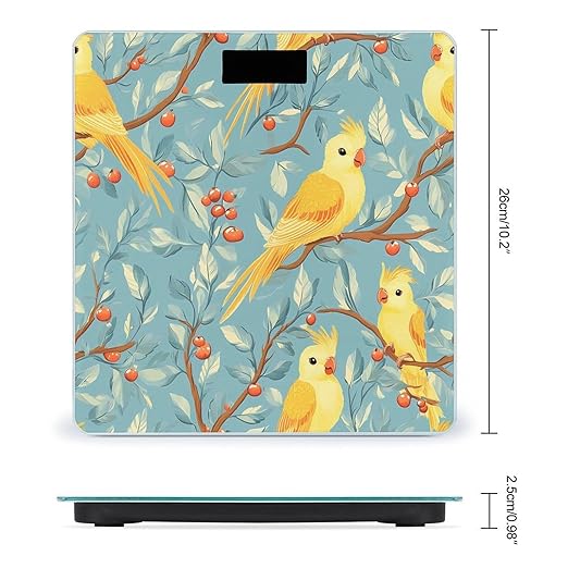 Yellow Parrot Birds Branches Berries Digital Bathroom Scale for Body Weight Lighted LCD Display Round Corner