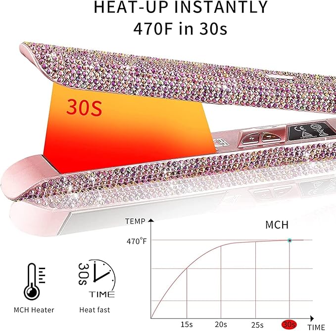 Hair Straightener Titanium Flat Iron with Gorgeous Rhinestone Bling Crystal Diamond 2 in 1 Hair Straightener and Curler 60 Min Auto Shut Off LCD Temp Display Range from 120°F to 470°F(Rose Pink)