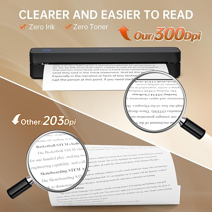 iDPRT MT610 Portable Thermal Printer 300DPI HD Mobile-Travel-Printers Inkless-Wireless-Small-Printer for Home Use Office Vehicles Bluetooth Printers Supports 8.5 x 11 US Letter&ampA4&ampA5 Dee