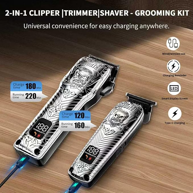 BESTBOMG Professional Cordless Mens Hair Clippers &amp Beard Trimmer Kits &amp SetsMetal Hair Clippers Cutting Grooming Kit with Long Battery Life for Family Barber Use (Gray)
