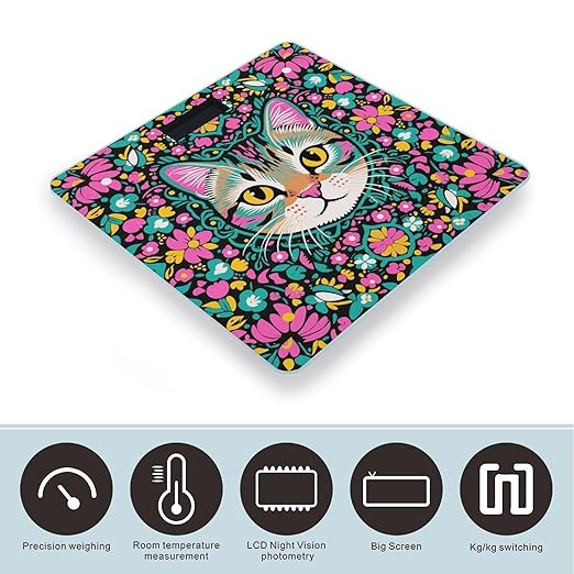 Exotic Cat Pattern Scale for Body Weight Sturdy Tempered Glass Weighing Scales with LCD Display Accurate Digital Bathroom Scale Convenient Body Fat Smart Scales Easy Read