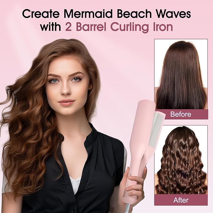 Beach Waves Curling Iron 1.4 Inch Double Barrel Waver Ceramic Wave Iron for Hair Beach Waver Hair Crimper for Women Anti-Scald Dual Voltage Wavy Iron Deep Wave Tool Pink
