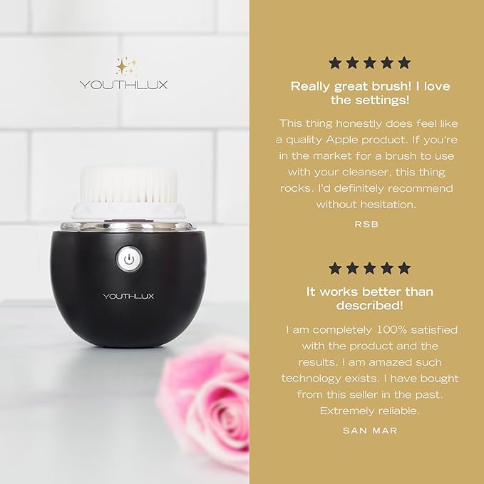 Pure Radiance Vibrating Facial Cleansing Brush Electric 3 Modes 3 Brush Heads (2 Bristle1 Silicone) Waterproof Rechargeable Smart Timer Exfoliating Massage (Black)