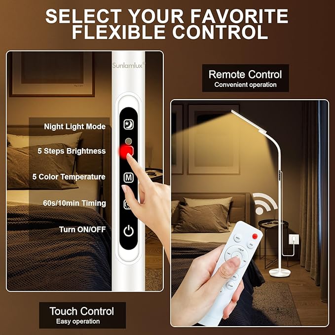 Light Therapy Lamp10000 Lux Happy Therapy Light Floor Sun Therapy Lamp with Remote &amp Touch Control &amp Adjustable Gooseneck for Reading/Office/Home
