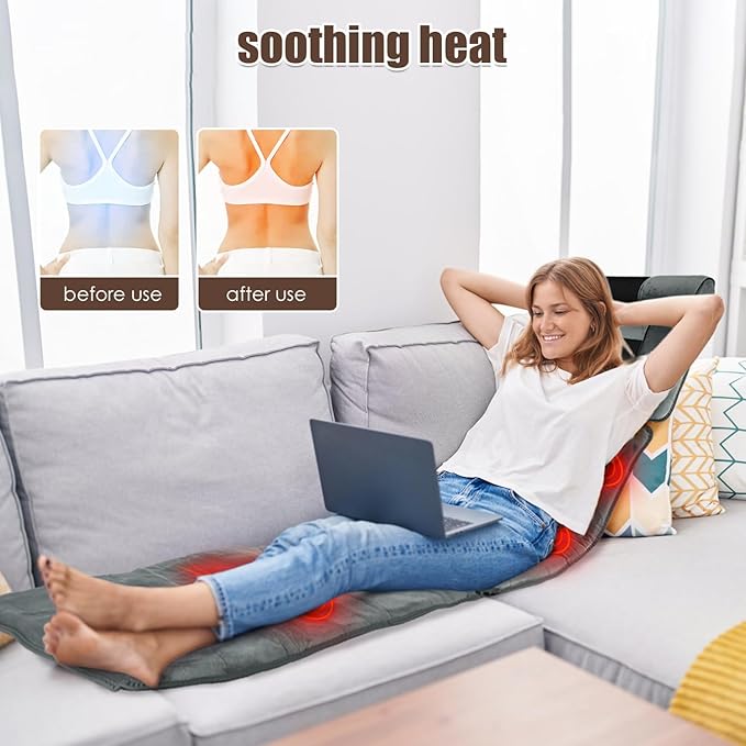 TeqHome Full Body Massage Mat with Heat Massager Pad with 10 Motors 9 Modes &amp 3 Timers Neck/Back Relief Anti-Slip for Bed/Sofa Gift for Men Women