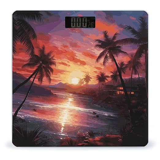Colorful Tropical Sunset Digital Bathroom Scale for Body Weight with High Precision Digital Weighing Scale with BMI Clear LCD Display and Step-On Measures Weight Up to 180kg