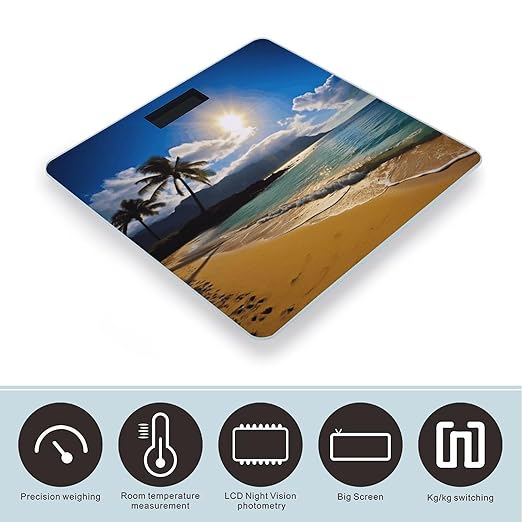 Hawaii Beach Bathroom Scale Large LCD Backlight Display Digital Scale Rounded Corners Body Scales Automatic Power On/Off Bathroom Scales for Home Bedrooms