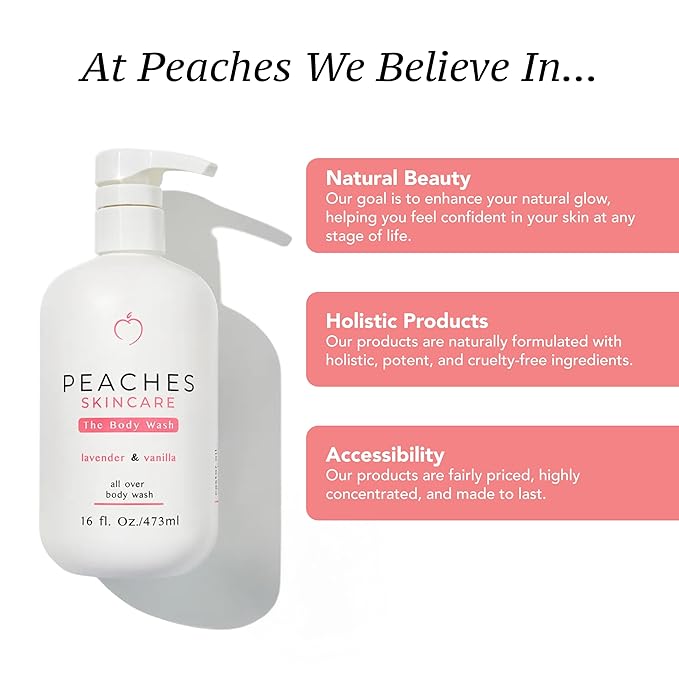 Peaches Skin Care Body Wash with Lavender and Vanilla - Gentle Sulfate-Free Cleanser for Soft Smooth-Looking Skin - Daily Body Wash for Men and Women 16 oz
