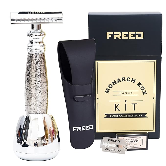 FREED Shaving Kit for Men - Safety Razor with alloy handle and 10 Japanese 6cr13 Stainless Steel include razor base razor travel case christmas gifts for MenMade in Taiwan