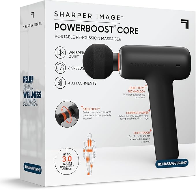 Sharper Image PowerBoost Core Mini Massage Gun| Portable Deep Tissue Percussion Massager with 6 Speeds| 4 Attachments| Quiet Motor| Cordless Muscle Recovery Tool with Carry Pouch