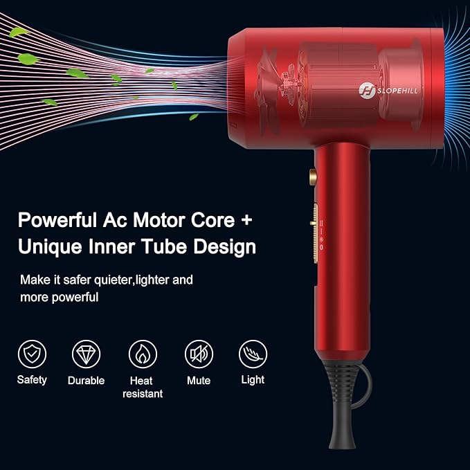 Slopehill Professional Ionic Hair Dryer Powerful 1800W Fast Drying Low Noise Blow Dryer with 2 Concentrator Nozzle 1 Diffuser Attachments for Home Salon Travel (Agate Red)