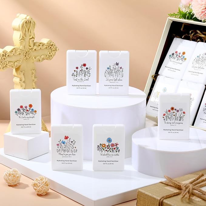 Frienda 24 Pcs Christian Gifts for Women Travel Size Hand Sanitizer Spray Bulk Mini Power Mist Religious Inspirational Gift for Baptism Christian Church Group Women's Day Easter Party Favor(Stylish)