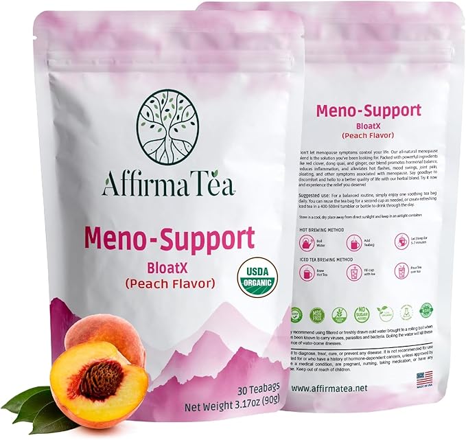 Meno-Support BloatX Organic Menopause Relief: Balances &amp Supports Hot Flashes Hormones Moods Swings Night Sweats &amp Bloating W/Black Cohosh Red Clover &amp Dong Quai. Natural Peach Flavor
