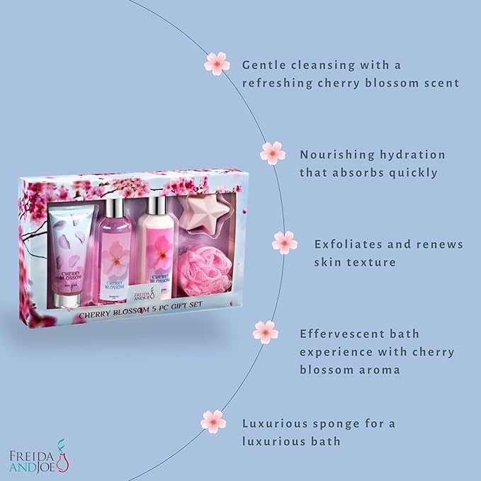 Fragrance Bath &amp Body Collection Gift Box Includes Shower Gel Body Lotion Body Scrub Bath Bomb &amp Sponge (Blue Cherry Blossom) – Mother's Day Gift for Mom