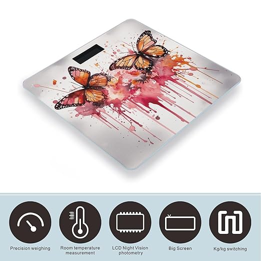 Butterfly Drip Spray Watercolor Scale for Body Weight Highly Accurate Digital Bathroom Scale Sturdy Tempered Glass Weighing Scales with LCD Display Fashion Body Fat Smart Scales 400lb