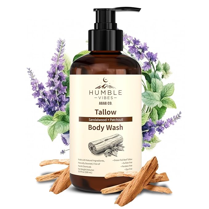 NEW! Natural Tallow Body Wash Made With Naturally Derived Plant Based Ingredients &amp Tallow Free of Harsh Chemicals Great for Eczema Itchy Dry Skin Moisturization Sandalwood &amp Patchouli
