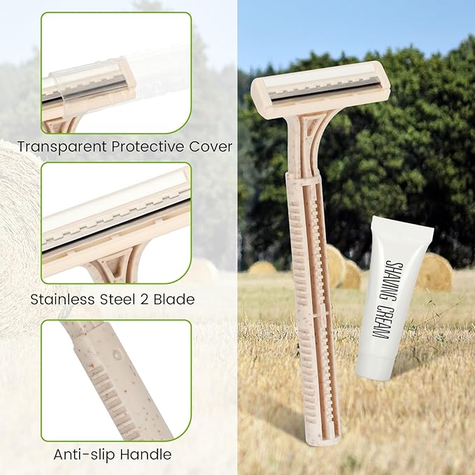 Eco-Friendly Wheat Straw Disposable Shave Kit - 50 Pcs Wheat Straw Razors and Shaving Cream(10g) Bulk Individually Sealed for Hotel Airbnb Camping Travel Homeless Shelters and Charities