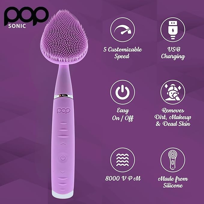 Clover Facial Cleansing Device Lavender Silicone Facial Cleaner &amp Exfoliator w/ 8000 Vibrations Per Minute 5 Speeds USB Rechargeable Face Cleaning Scrubber &amp Skincare Tool with Case
