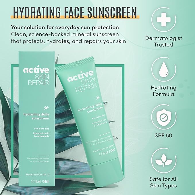 Active Skin Repair SPF 50 EWG-Certified Hydrating Daily Sunscreen and Face Moisturizer Non-Nano Zinc Non-Toxic Broad Spectrum Protection Hydrating Mineral Facial Sunscreen 1.7 fl. oz.