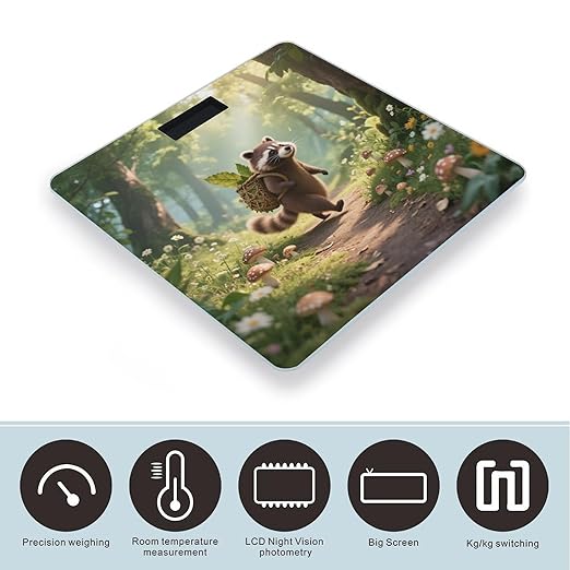Forest Raccoon Weight Scale Cute Bathroom Scale for Body Highly Accurate Digital Weighing Machine for People Compact LCD Display Scales with Sturdy Toughened Glass Scales