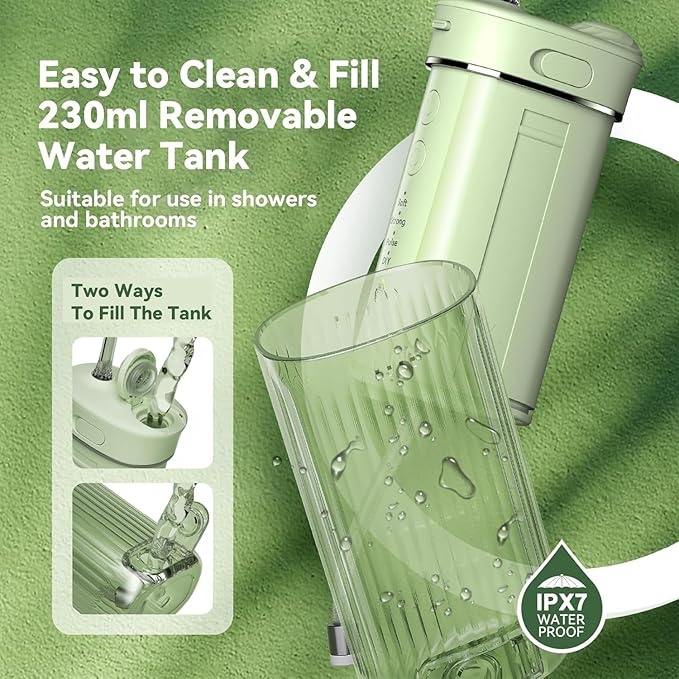 JTF Portable Water Flosser for Travel: Compact Mini Design 3 Modes &amp 8 DIY Pressure Levels for Sensitive Teeth &amp Braces - with 5 Nozzles &amp Removable 230ml Tank Cordless Oral Irrigator fo