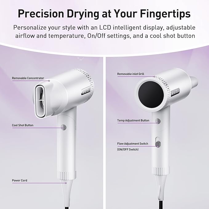 Hair Dryer High-Speed Ionic Blow Dryer Powerful 1600 Watt Motor for Fast Drying and Straight &amp Wavy Hair Foldable Lightweight Hairdryer with Magnetic Suction Nozzle for Home Salon Travel