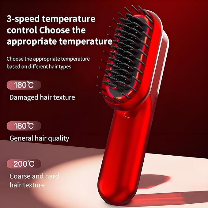 Cordless Hair Straightener Brush 3-Temp Go Brush Pro Vibration Massage Red Light Therapy Dual-Function Comb for Women Fast Heating MCH Ceramic Frizz-Free Smooth Hair Styling (Red)