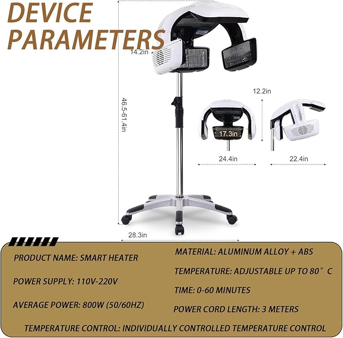 Multifunction Professional Hair Dryer High Power with 5 Heating Discs and 360° Swivel Adjustable Arm Salon Hair Color Processor Wall Mount/Floor-Standing with LCD Display vertical-110v