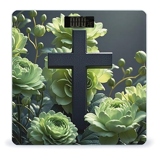 Black Cross Among Green Flowers Bathroom Scale for Body Weight Bathroom Weighing Scales with Back Lit LED Display Sturdy Tempered Glass Body Weight Bathroom Scale 400lb Weighing