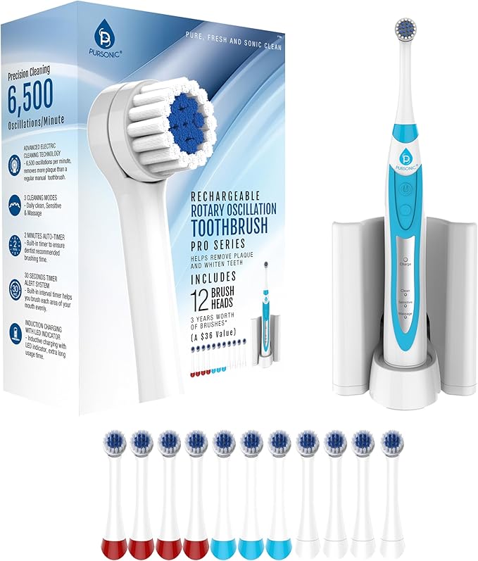 Pursonic S330 Deluxe Electric Toothbrush - Ultra Whitening Oscillating Rechargeable Battery Toothbrush for Adults with Dock Charger &amp 12 Brush Heads (Value Pack) (White)