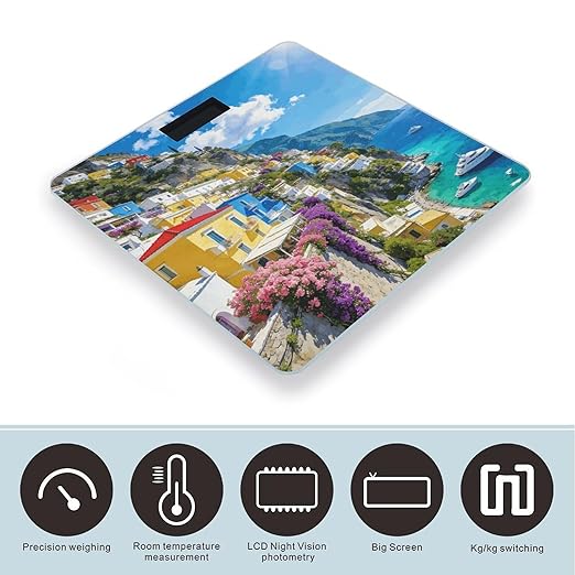 Colorful Houses and Blue Sea Smart Scale for Body Weight Digital Bathroom Scale Toughened Glass Weight Scale with Large LCD Backlight Display High Precision Scales Weighing Machine