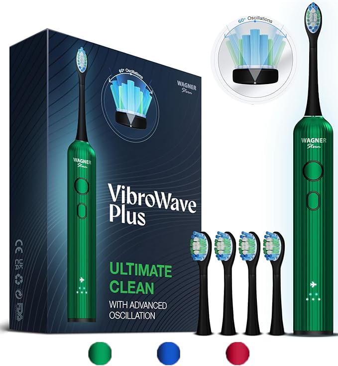 Wagner Stern VibroWave Plus Oscillation &amp Vibration Sonic Electric Toothbrush with 4 Brush Heads. IPX7 Waterproof.
