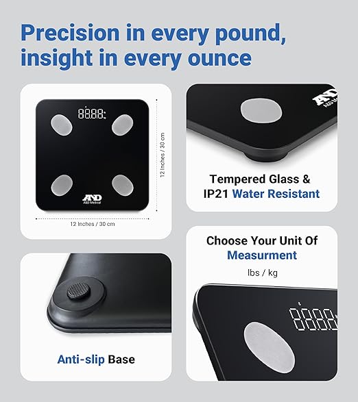 A&ampD Medical Smart Scale for Body Weight - UC-450BLE - Bluetooth Body Fat Scale with BMI Body Composition Digital Bathroom Scale Tracks 7 Biometrics Syncs with A&ampD App - 397lb