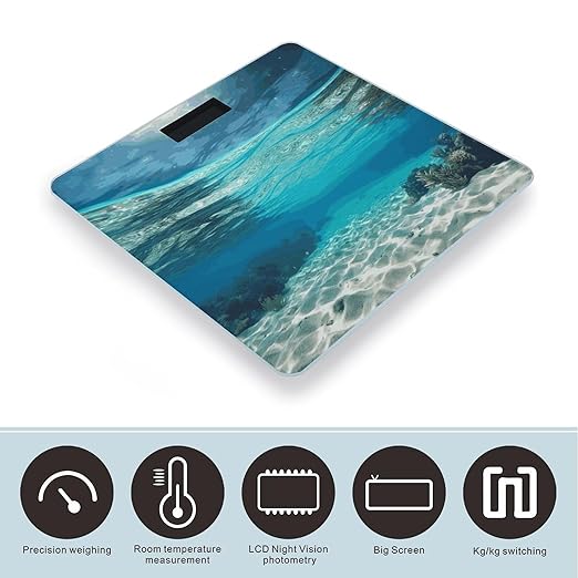 Underwater View of Tropical Beach Scale with LCD Easy-to-Read Anti-Slip Weight Digital Bathroom Scale Precision Weighing Scales Sturdy Tempered Glass Body Weight Scales for Daily Use
