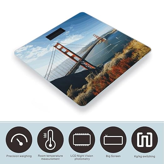 San Francisco Golden Gate Bridge Bathroom Scale Automatic Power On/Off Body Scales LCD Backlight Display Square Digital Scale Rounded Corners Bathroom Scales for Home Bedrooms
