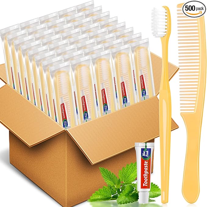 NICEMOVIC 500 Pack Disposable Toothbrushes Bulk with Toothpaste and Comb Travel Size Toothpaste Set Homeless Care Package Supplies for Bulk Individually Wrapped Disposable Travel Hotel Charity Yellow