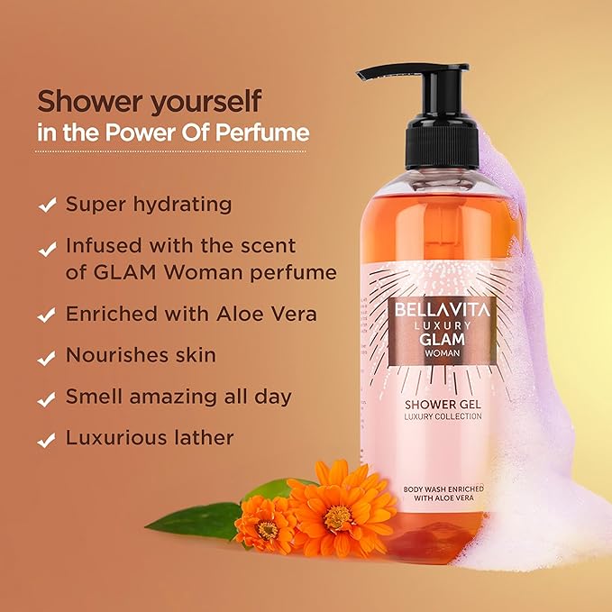 BellaVita Luxury Glam Perfume &amp Body Wash Combo for Women | Eau De Parfum with Jasmine White Honey Rose &amp Cedar (100ml) + Fruity Floral Shower Gel with Aloe Vera (500ml) | Gentle &amp Refre
