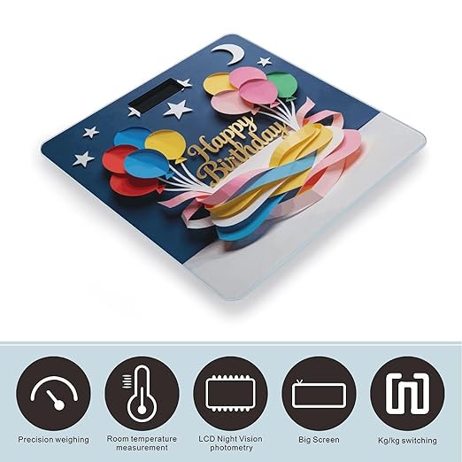 Happy Birthday Balloon Smart Scale for Body Weight Digital Bathroom Scale Toughened Glass Weight Scale with Large LCD Backlight Display High Precision Scales Weighing Machine