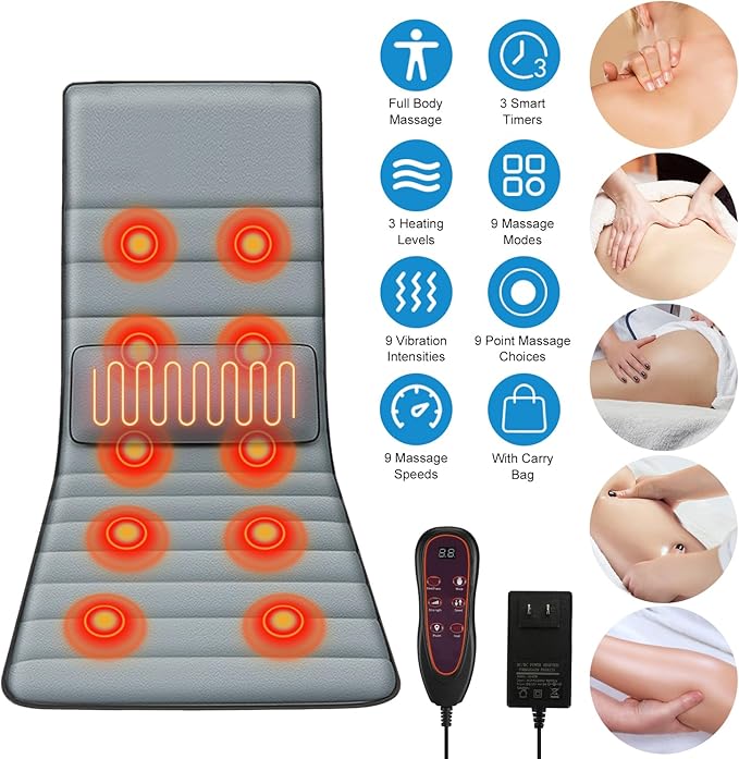 Full Body Electric Massage Mat with Heat Vibration Back Massage Pad Cushion with Inflatable Head Pillow and Lumbar Pillow 10 Vibration Motors 3 Timers