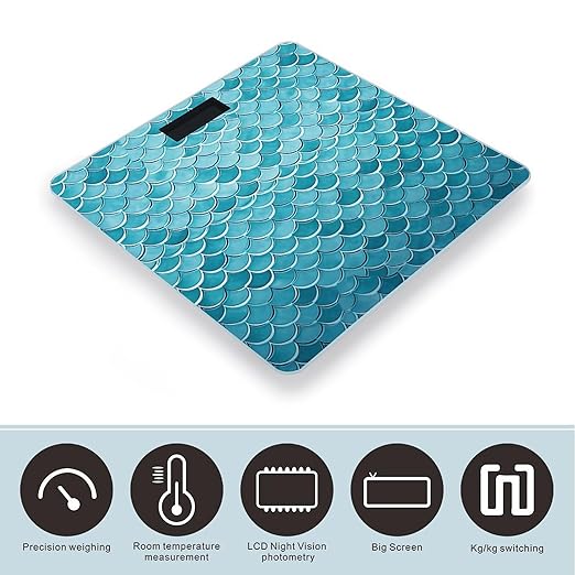 Blue Waves Squama Mermaid Scale Bathroom Scale for Body Weight LCD Display Digital Bathroom Scale Tempered Glass Bathroom Weight Scales Fashion Smart Scales for Home Bedroom 400 Lb